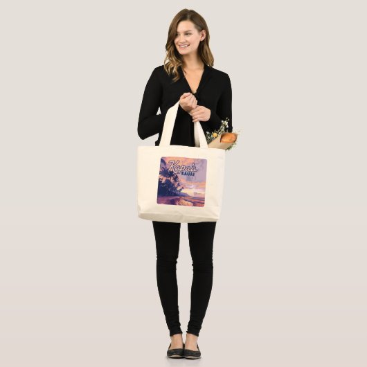 Kapaa Kauai Hawaii Beach Sunset Palm Tree Retro Grote Tote Bag (Voorkant (model))