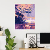 Kapaa Kauai Hawaii Beach Sunset Palm Tree Retro Poster (Thuiskantoor)