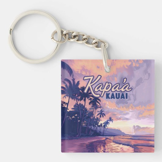 Kapaa Kauai Hawaii Beach Sunset Palm Tree Retro Sleutelhanger (Voorkant)