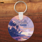 Kapaa Kauai Hawaii Beach Sunset Palm Tree Retro Sleutelhanger (Voorkant)