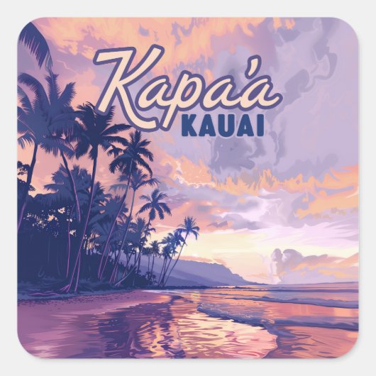 Kapaa Kauai Hawaii Beach Sunset Palm Tree Retro Vierkante Sticker (Voorkant)