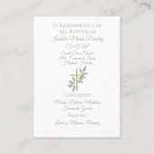 Kapel doop witte duif, groene herinneringskaart visitekaartje (Achterkant)