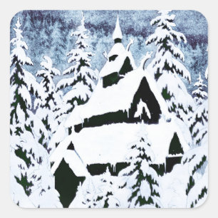 Kapel in de sneeuw vierkante sticker
