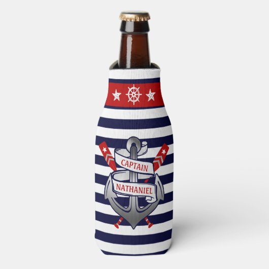 Kapitein Anker Nautical Oars Stripes gepersonalise Flesjeskoeler (Fles Voorkant)