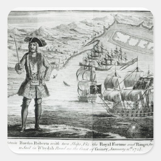 Kapitein Bartholomew Roberts met twee schepen Vierkante Sticker (Voorkant)