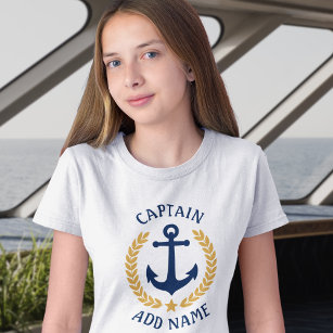 Kapitein Boat Naam Anchor Gold Laurel Leaves Girls T-shirt