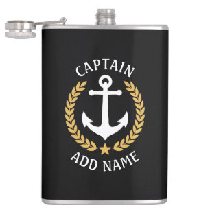 Kapitein Boat Name Anchor Gold Style Laurel Black Heupfles