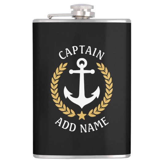 Kapitein Boat Name Anchor Gold Style Laurel Black Heupfles (Voorkant)