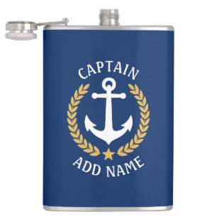 Kapitein Boat Name Anchor Gold Style Laurel Navy Heupfles