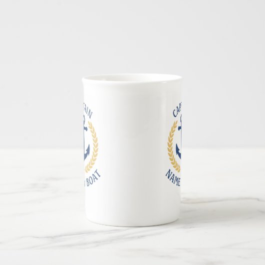 Kapitein Boat Name Anchor Gold Style Laurel Navy Porselein Kop (Voorkant)