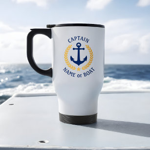 Kapitein Boat Name Anchor Gold Style Laurel Navy Reisbeker