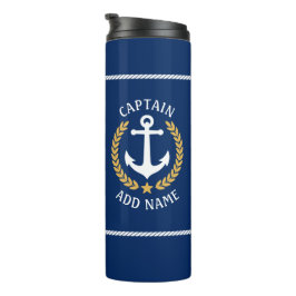 Kapitein Boat Name Anchor Gold Style Laurel Navy Thermosbeker