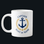 Kapitein Boat Name Anchor Gold Style Laurel Star Grote Koffiekop<br><div class="desc">Een persoonlijke gigantische koffie-Mok van 20 ounce met Kapitein rang of andere titel, uw bootnaam, familienaam of andere gewenste tekst. Met een speciaal ontworpen nautisch bootanker, gouden laurelbladeren en sterembleem. Maakt een groot geschenk voor elke gelegenheid.</div>
