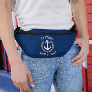 Kapitein Boat Name Nautical Anchor Gold Laurel Nav Heuptasje