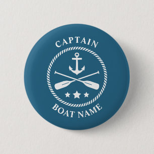 Kapitein Boat, Nautical Anchor Oars Naam Blauw Ronde Button 5,7 Cm