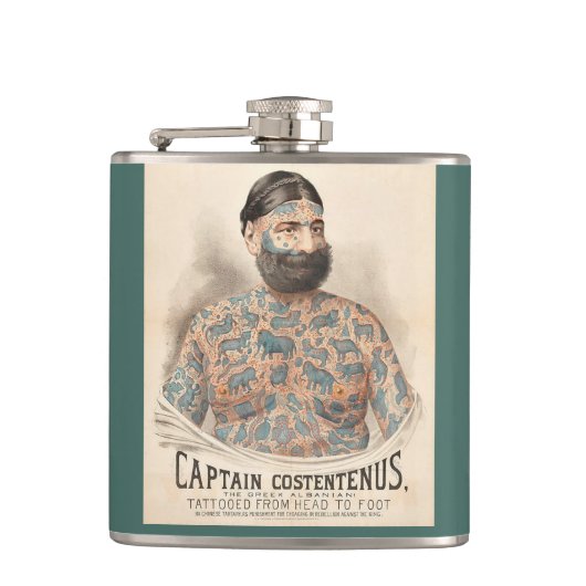 Kapitein Costentenus tatoeëerd man uit 1880 Heupfles (Voorkant)