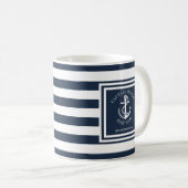 Kapitein en Boat Name Navy Blue Stripe Anchor Koffiemok (Voorkant rechts)