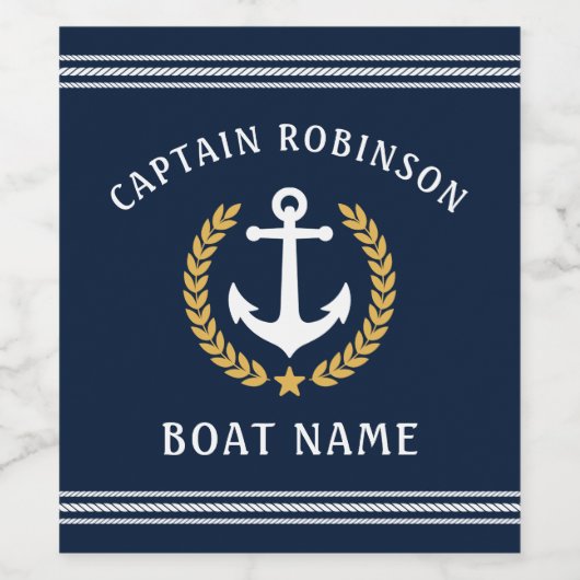 Kapitein en Bootnaam Anker Gold Laurel Navy Wijn Etiket (Enkel label)