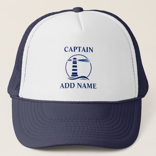Kapitein en Jouw naam Nautical Lighthouse Trucker Pet (Voorkant)