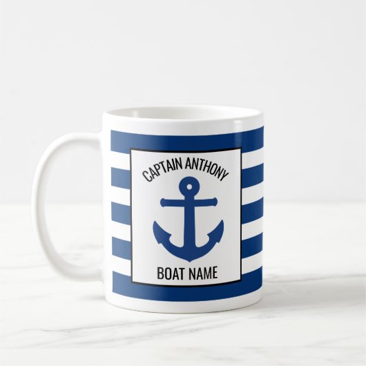 Kapitein en naam van boot Nautical Blue Anchor toe Koffiemok (Links)