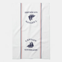 Kapitein Jouw naam Kitchen Towels, Nautical Sailbo