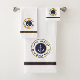 Kapitein Jouw naam White Navy Blue Gold Towel Set Bad Handdoek