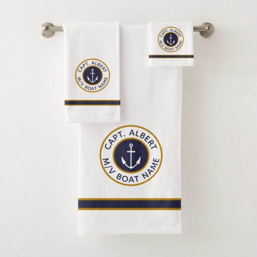 Kapitein Jouw naam White Navy Blue Gold Towel Set Bad Handdoek (Insitu)