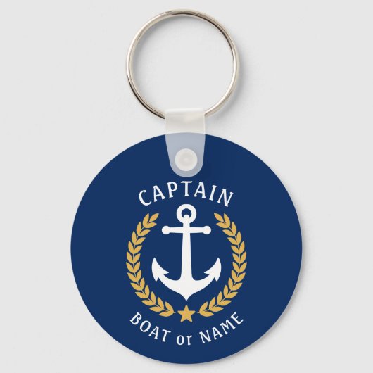 Kapitein Naam Anchor Gold Laurel Foto Back Navy Sleutelhanger (Voorkant)