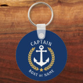 Kapitein Naam Anchor Gold Laurel Foto Back Navy Sleutelhanger (Voorkant)