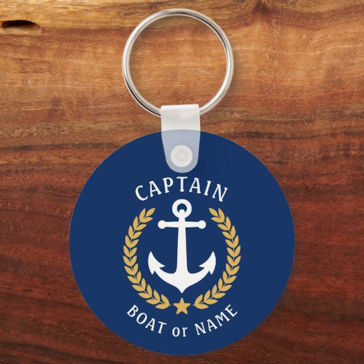 Kapitein Naam Anchor Gold Laurel Foto Back Navy Sleutelhanger (Voorkant)