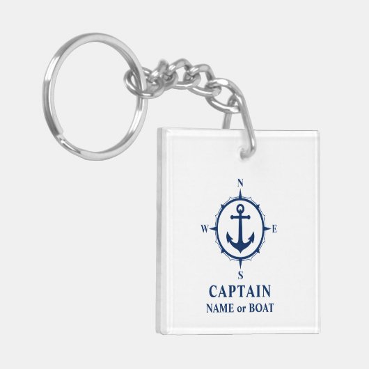 Kapitein Naam Boat Compass Anchor Foto terug White Sleutelhanger (Voorkant Links)
