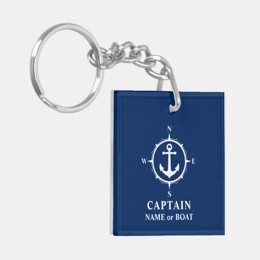 Kapitein Naam Boat Compass Anchor Photo Back Navy Sleutelhanger (Voorkant Links)