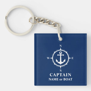 Kapitein Naam Boat Compass Anchor Photo Back Navy Sleutelhanger