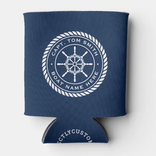 Kapitein naam touw lijst nautisch schip wiel blikjeskoeler (Voorkant)