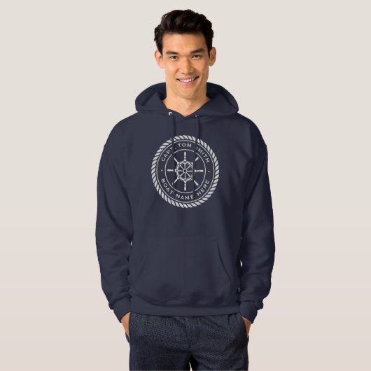 Kapitein naam touw lijst nautisch schip wiel hoodie (Voorkant volledig)