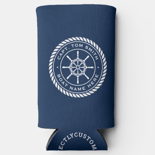 Kapitein naam touw lijst nautisch schip wiel seltzer blikjeskoeler (Voorkant)