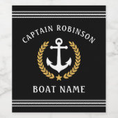 Kapitein Name and Boat Anchor Gold Laurel Black Wijn Etiket (Enkel label)