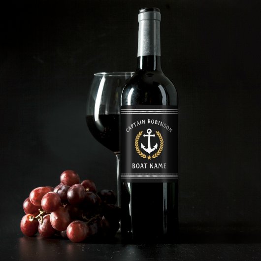 Kapitein Name and Boat Anchor Gold Laurel Black Wijn Etiket