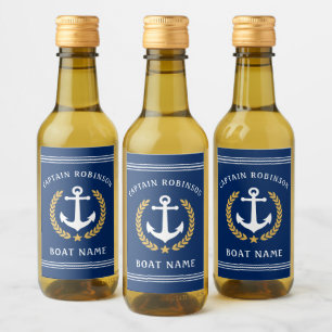 Kapitein Name and Boat Anchor Gold Laurel Mini Wijn Etiket