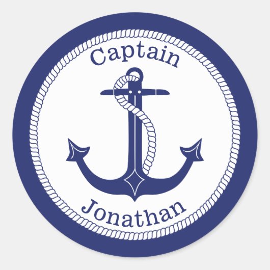 Kapitein Nautical Anchor Navy, gepersonaliseerd Ronde Sticker (Voorkant)