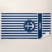 Kapitein Nautical Anchor Rope Navy Blue Stripes Strandlaken (Voorkant)