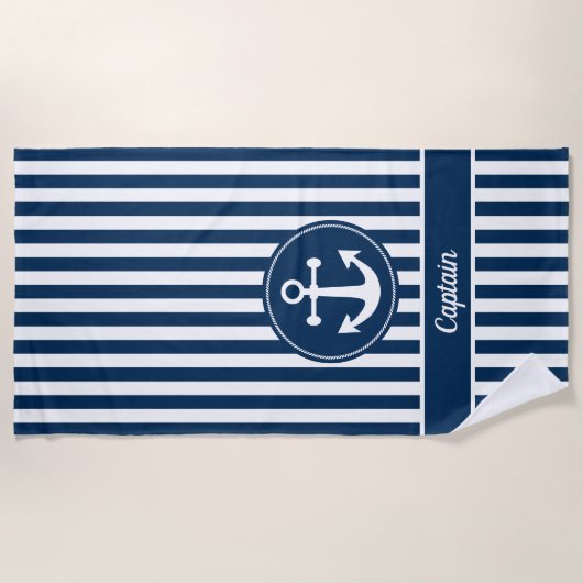 Kapitein Nautical Anchor Rope Navy Blue Stripes Strandlaken (Voorkant)