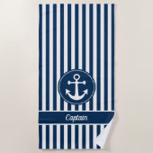 Kapitein Nautical Anchor Rope Navy Blue Stripes Strandlaken (Voorkant)