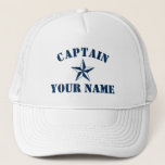 Kapitein Nautical Star-boot naam zeiljachthavens Trucker Pet<br><div class="desc">Kapitein van de Nautical Star-boot, naam van de zeiljacht Trucker Hat. Vette typografische sjabloon voor naam of citaat. Maak je eigen gepersonaliseerde pet voor het klappen. Navy blauw maritiem symbool met aangepaste tekst. Cool Birthday of Fathers Day gift idea voor mannen. Maak je eigen voor schipper, vader, oom, vader, broer,...</div>