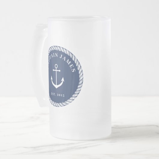Kapitein Navy & White Nautical Anchor Rope Matglas Bierpul (Voorkant links)