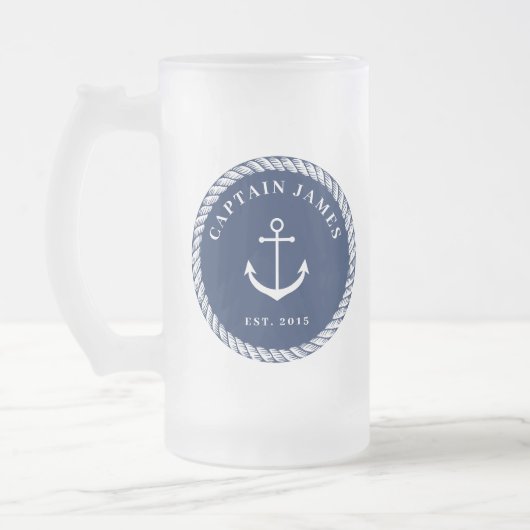 Kapitein Navy & White Nautical Anchor Rope Matglas Bierpul (Links)