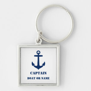 Kapitein of Boat Name Nautical Anchor Navy & White Sleutelhanger