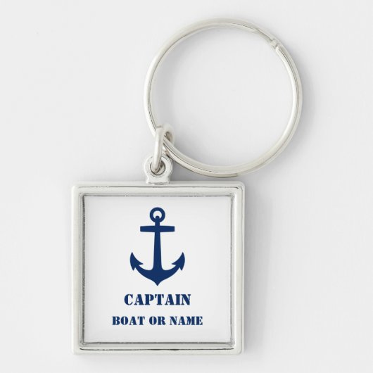 Kapitein of Boat Name Nautical Anchor Navy & White Sleutelhanger (Voorkant)