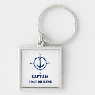 Kapitein of Boat Name Nautical Compass Anchor Whit Sleutelhanger
