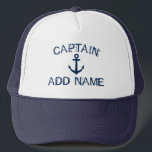 Kapitein pet met nautische anker en aangepaste naa<br><div class="desc">Kapitein pet met nautisch anker en aangepaste naam.  typografische sjabloon voor zeelieden. Maak je eigen gepersonaliseerde pet voor zeilen / koken. Navy blue boot/ship anchor symbool met grijze tekst. Cute Birthday of Fathers Day gift idea voor mannen. Maak je eigen voor vader,  oom,  vader,  broer,  man,  enz.</div>